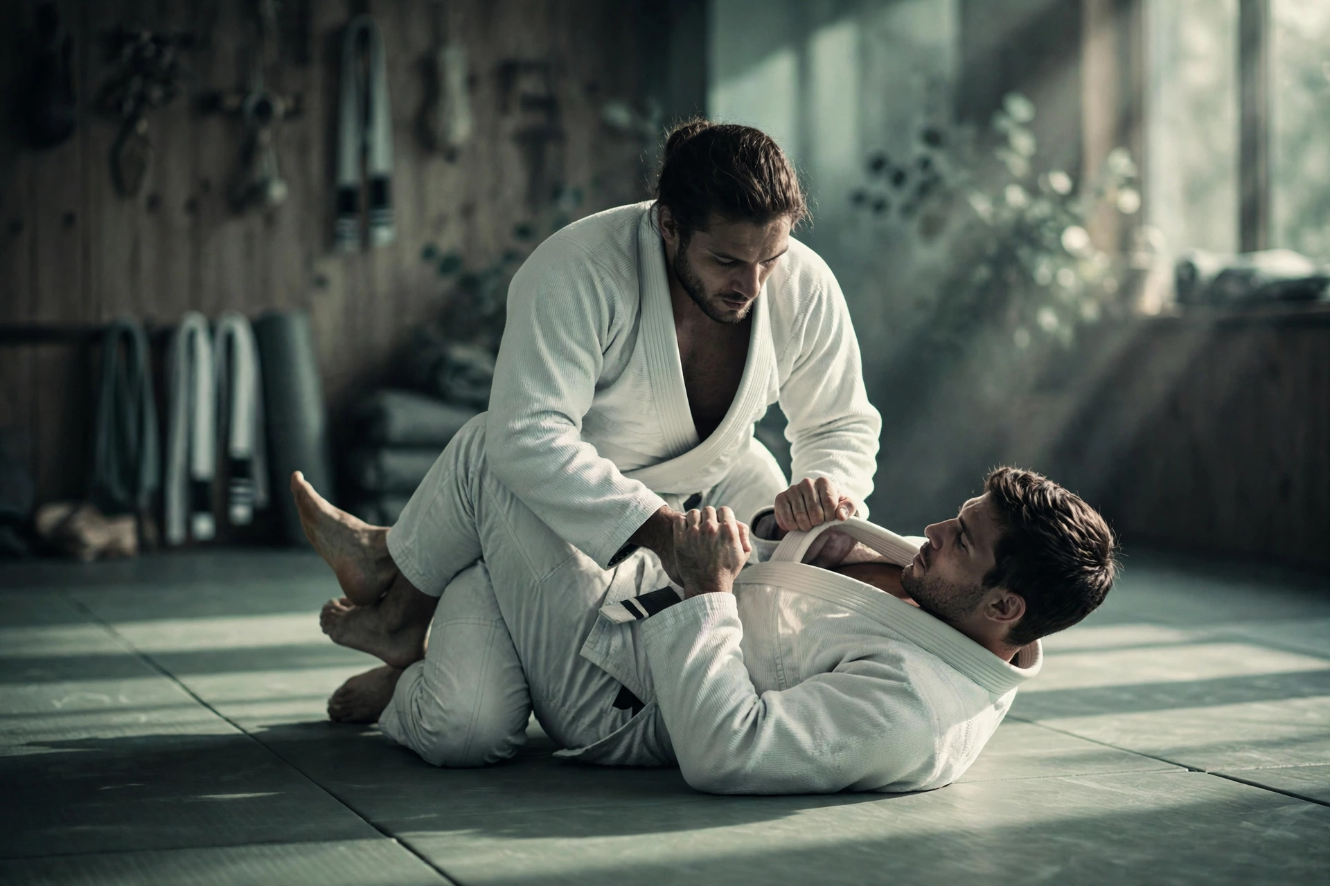 Two practitioners in white gis working from the guard on the mat
