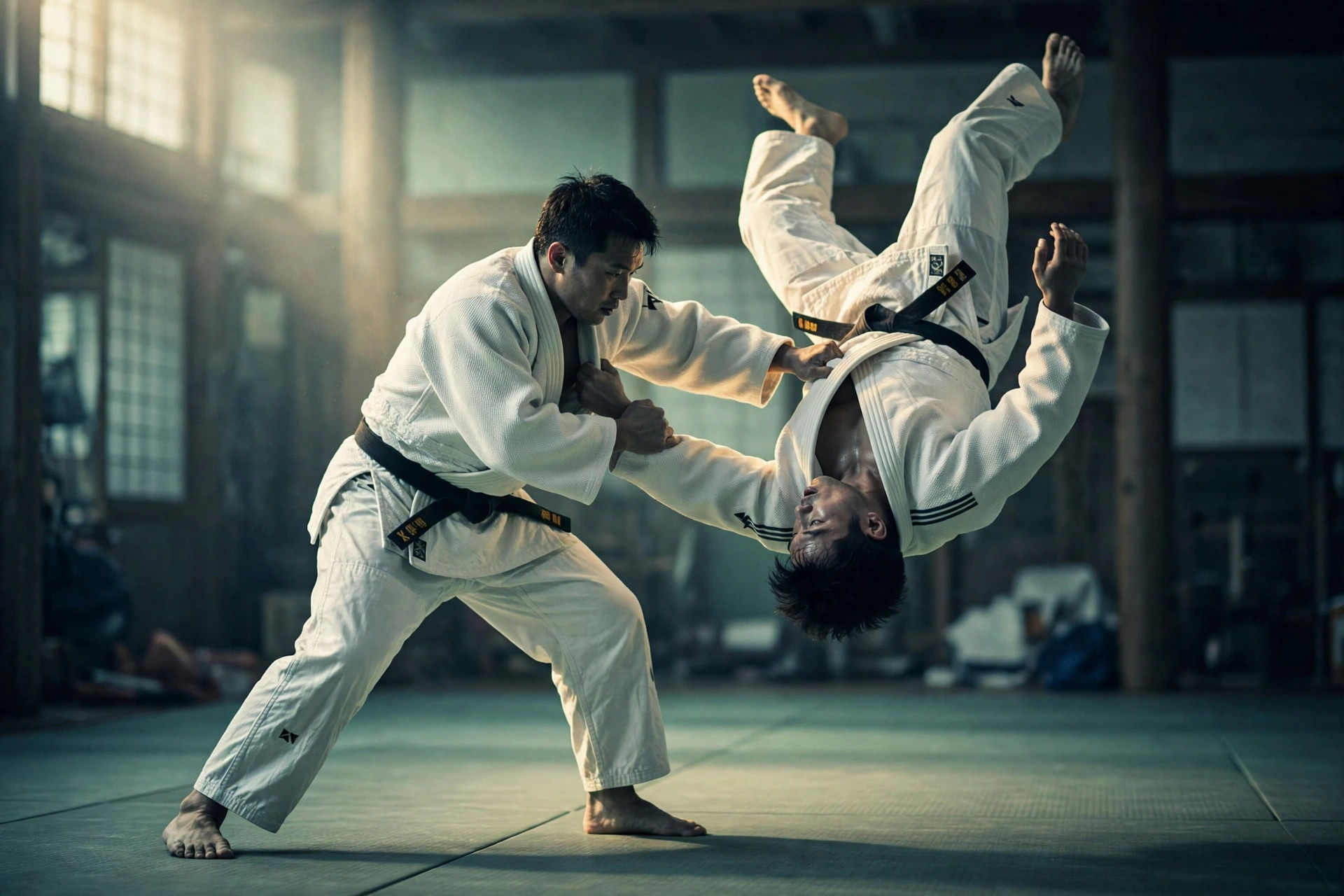 A judoka throwing his partner high through the air in the dojo