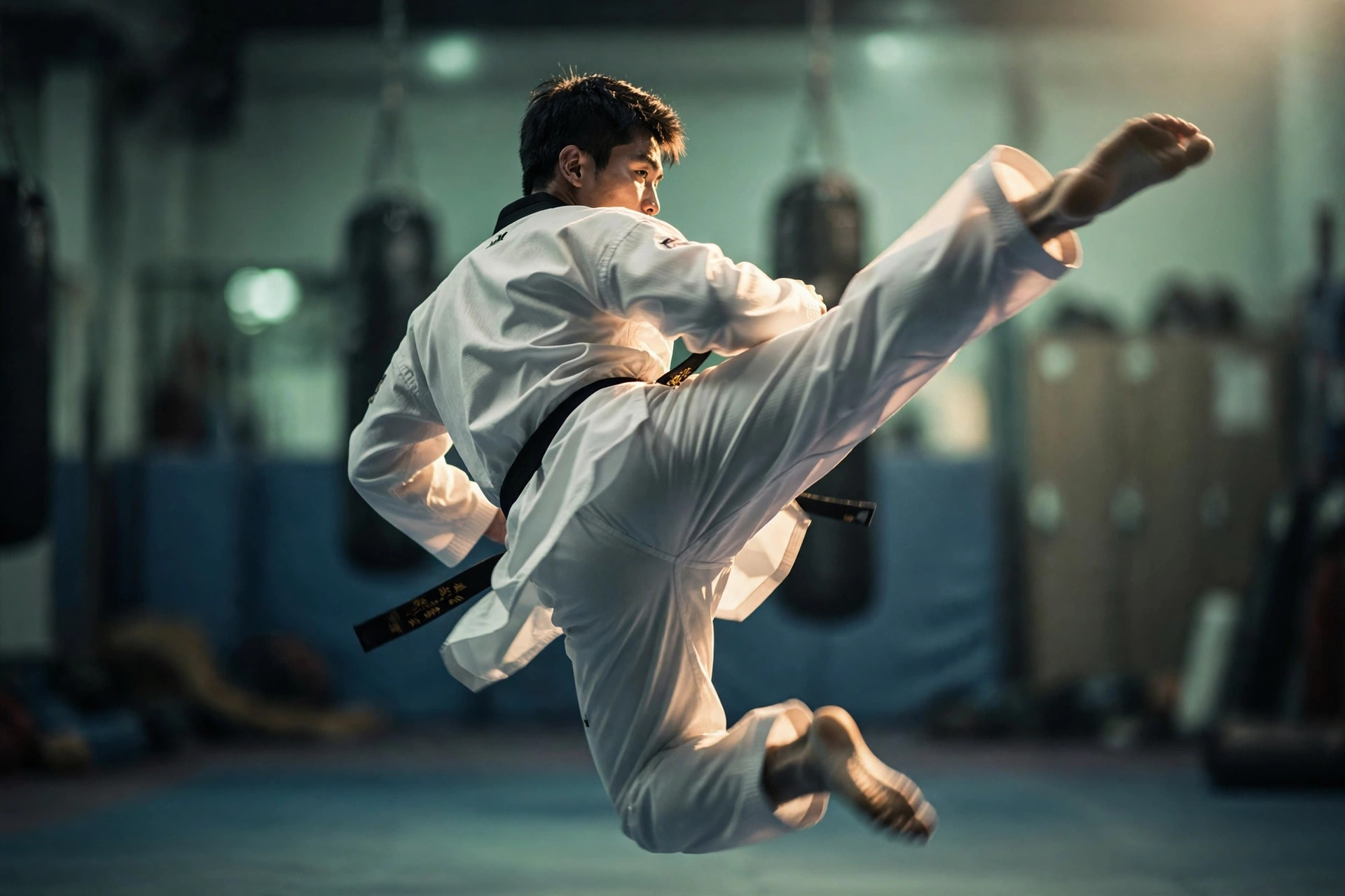 A taekwondo practitioner in mid-air, throwing a jumping kick